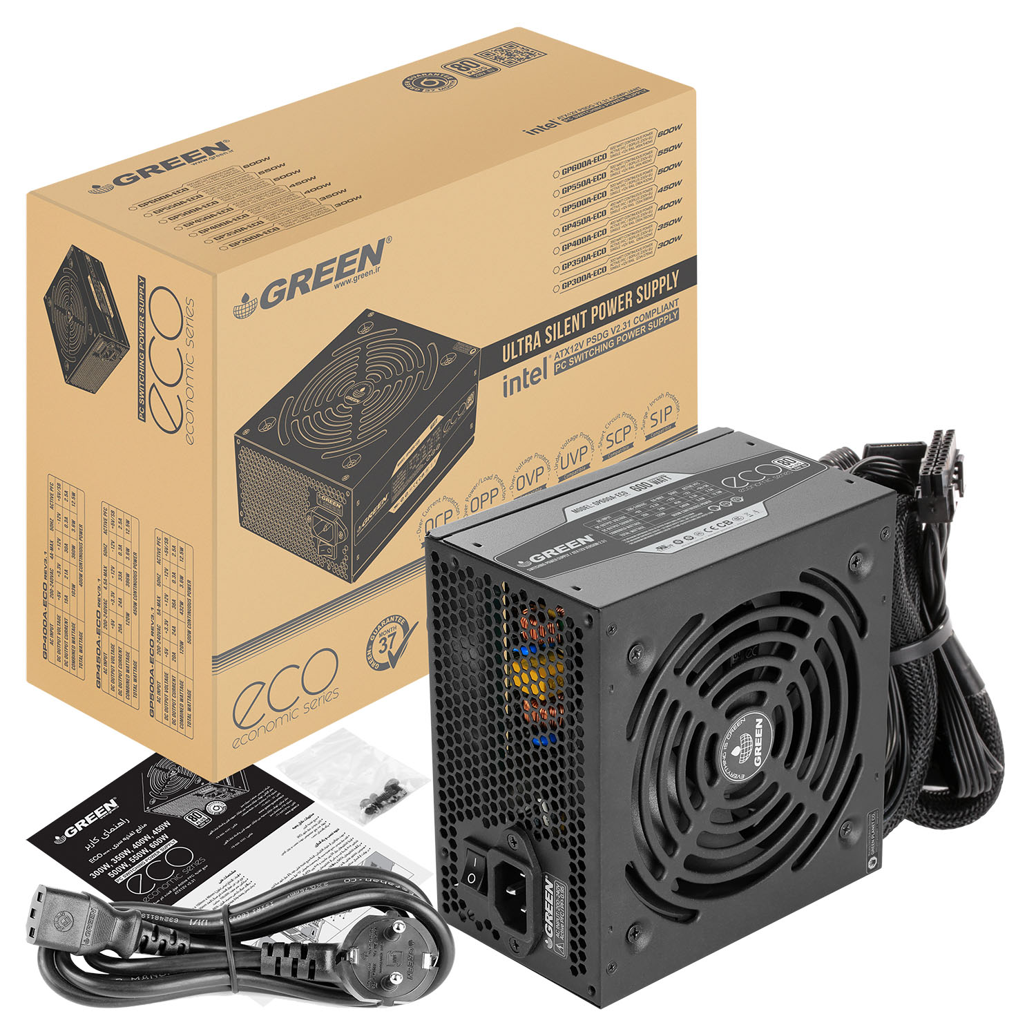 پاور کامپیوتر ظرفیت 600 وات گرین مدل Green GP600A-GED ECO